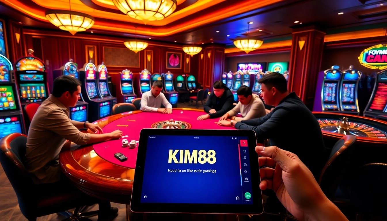 KIM88 players enjoying a high-stakes poker game in a stylish casino setting rich with excitement.