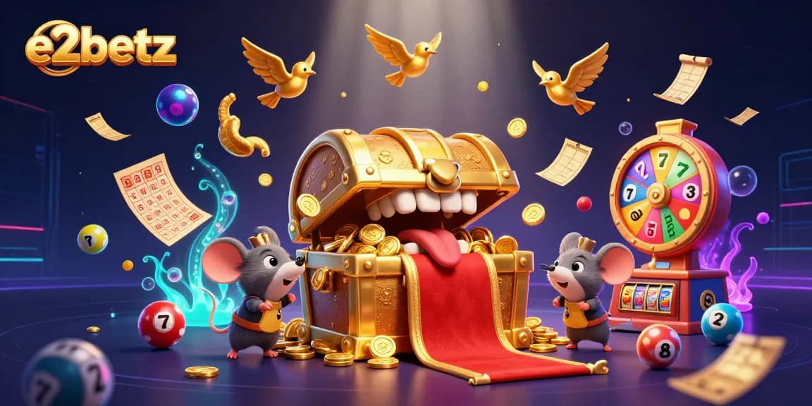Experience the excitement of e2betz with a treasure chest, lottery elements, and captivating visuals.