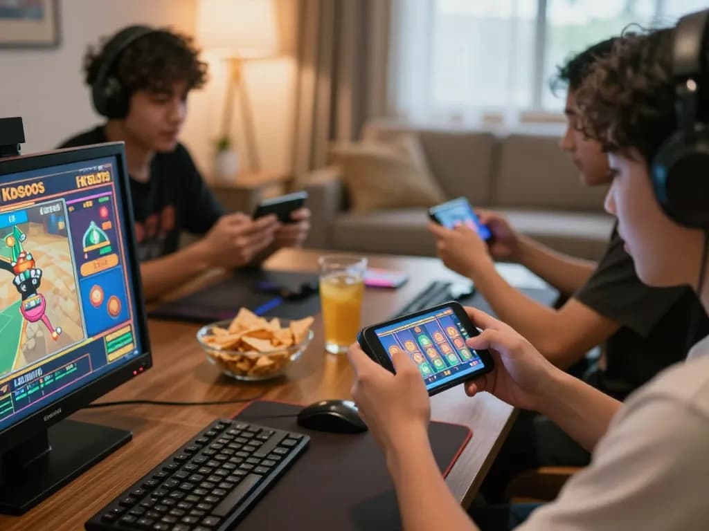 KDSlots players enjoying a thrilling online gaming experience on smartphones while sharing excitement in a cozy home setting.