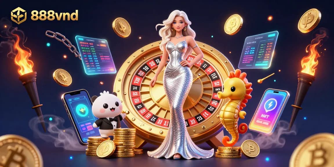 Engage with the vibrant 888vnd casino, featuring a glamorous woman and golden roulette.