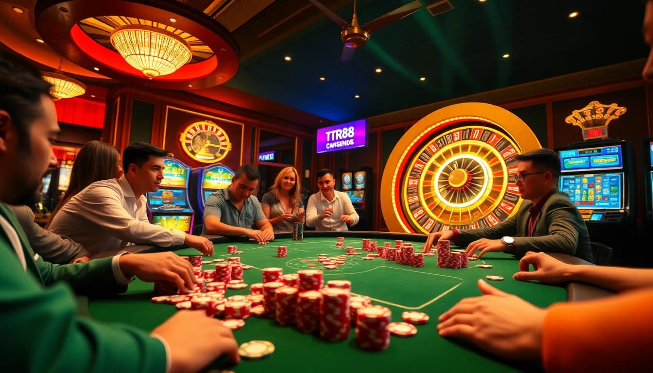 Experience high-stakes poker action at the TR88 table with vibrant chips and excited players.