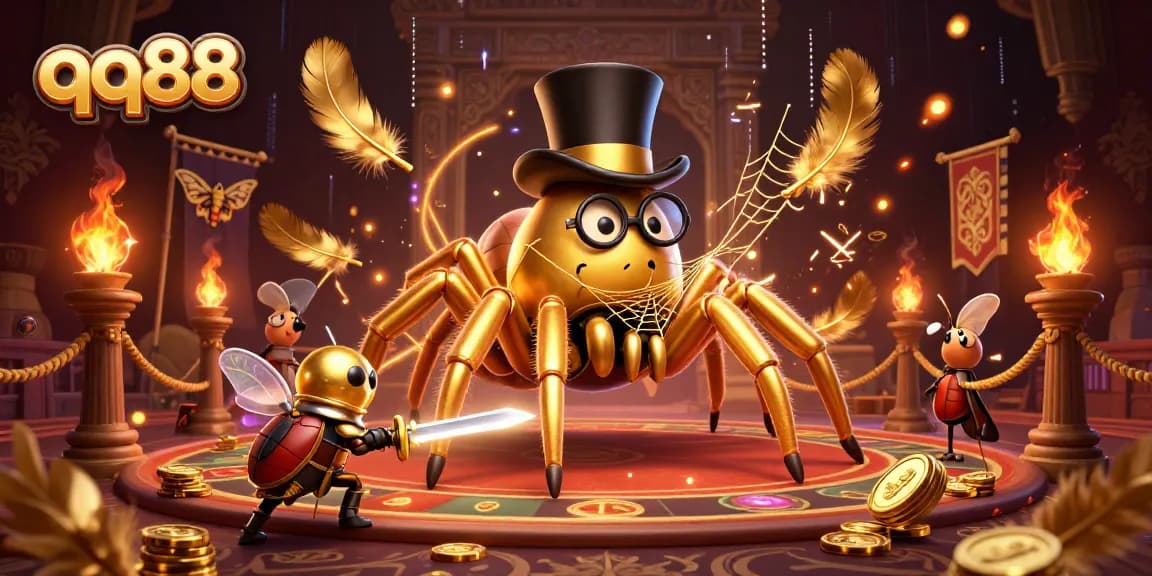 Experience thrilling qq88 gaming with a giant tarantula weaving golden fortunes and heroic beetle knight.