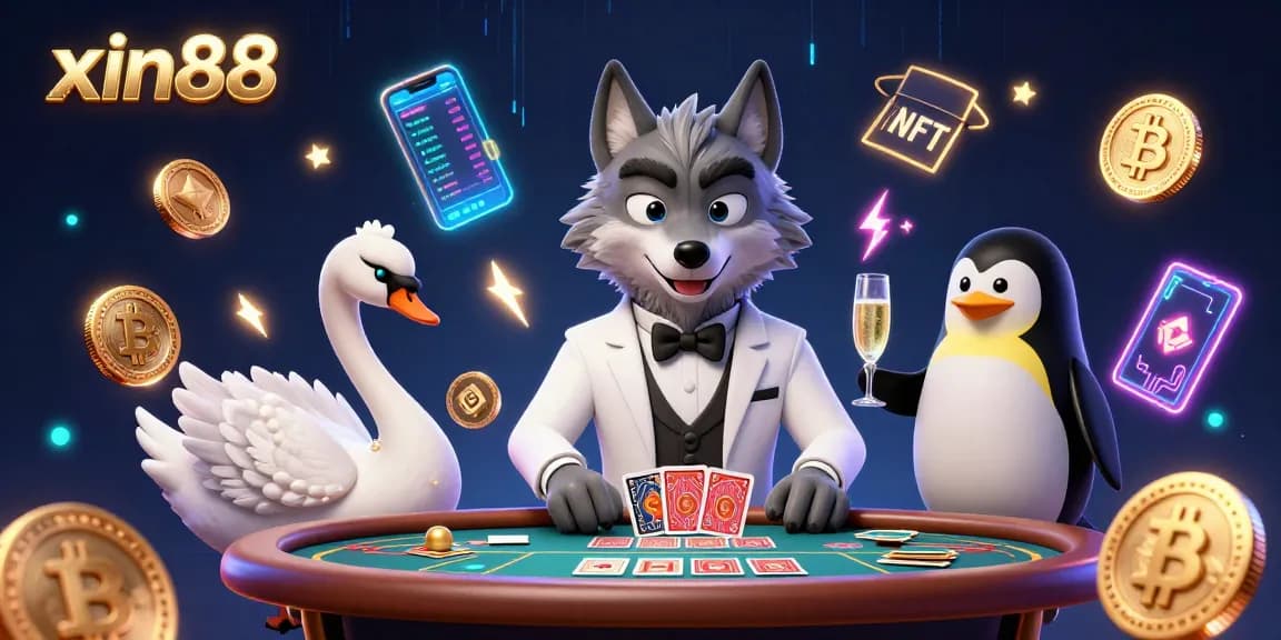 Experience excitement in xin88 with a debonair wolf at a baccarat table, champagne, and crypto elements.