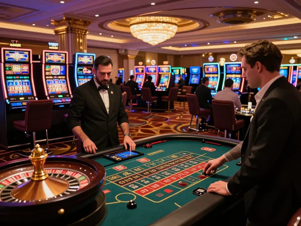 Exciting casino scene depicting players at https://www.mnm88.com/ engaging at roulette table, showcasing vibrant atmosphere.