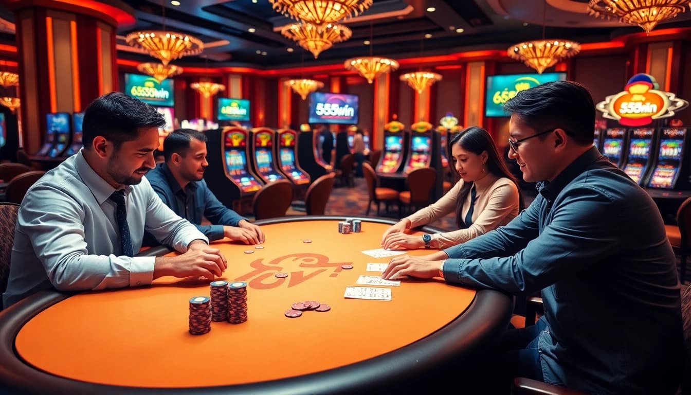 Engaging in high-stakes poker at 555win's luxurious digital casino with vibrant atmosphere.