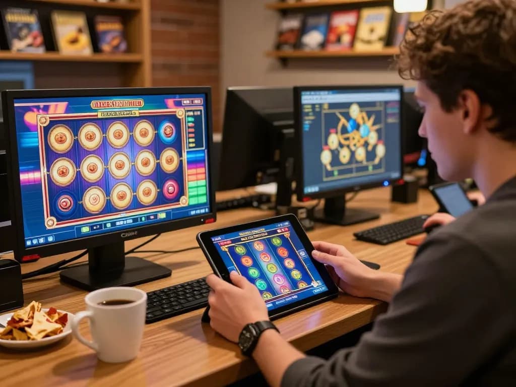 Player engaging with tg887 slot game on tablet in cozy home gaming setup, showcasing strategic online gambling.