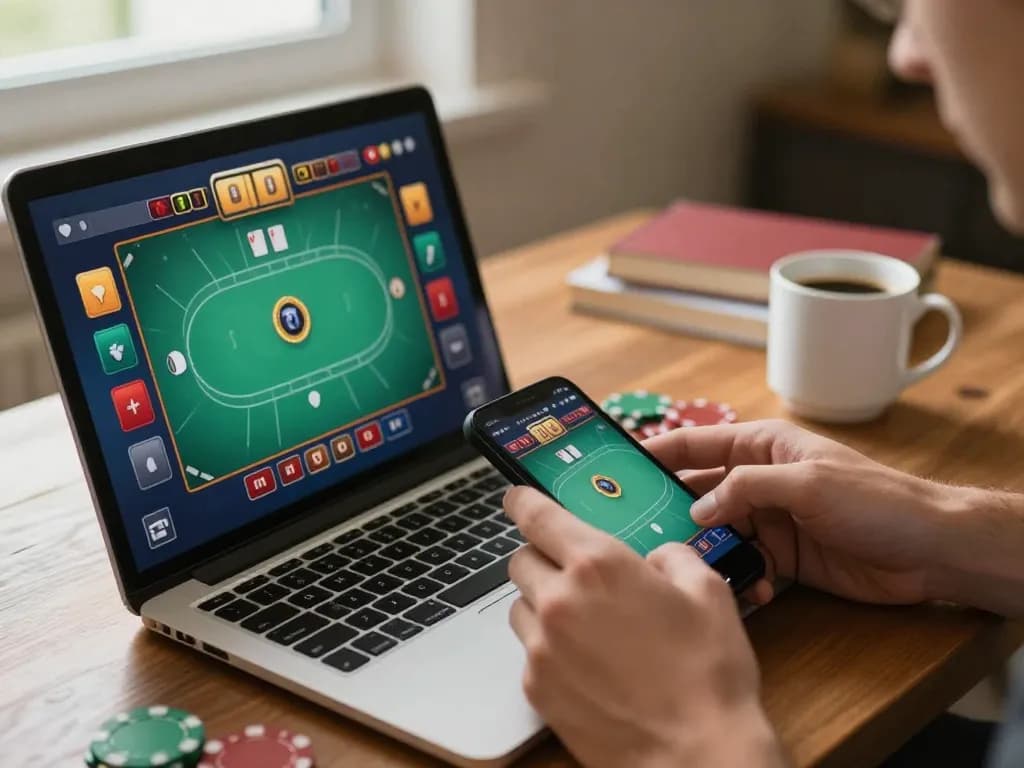 N188 player engaged in online poker gaming with laptop and smartphone in a cozy environment.