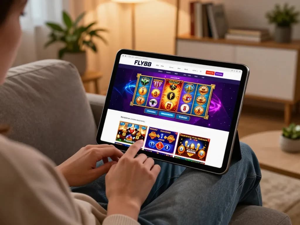 FLY88 user enjoying online casino gaming on tablet in stylish home setting.