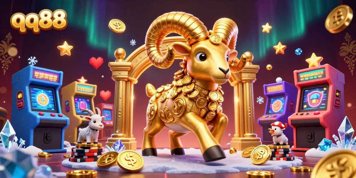 Experience the thrilling world of qq88 with a golden ram charging through a vibrant casino scene.