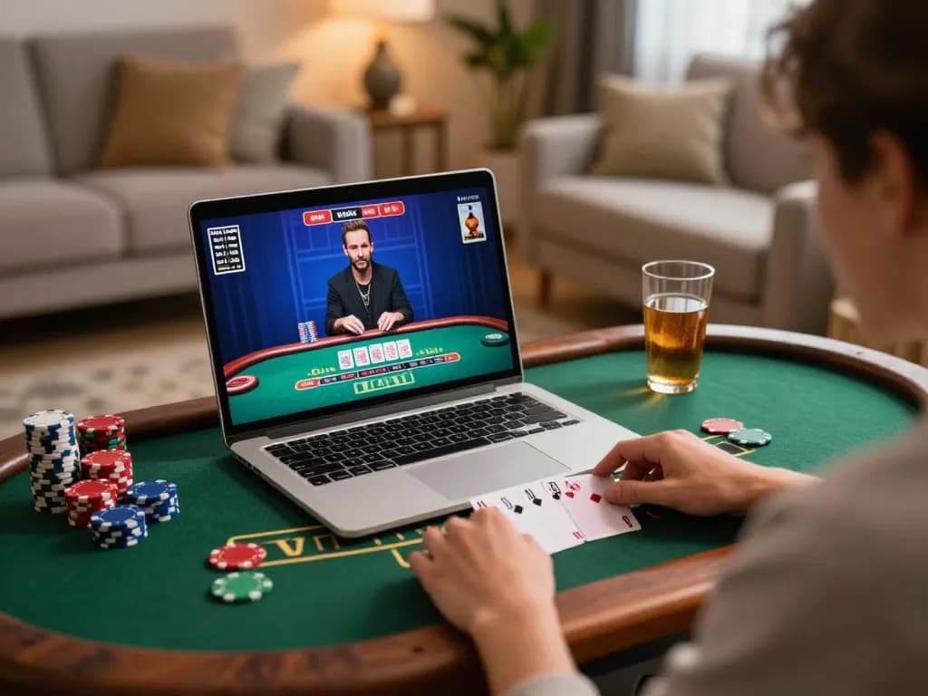 Player enjoying an engaging online blackjack session on O8 platform in a cozy home setting.