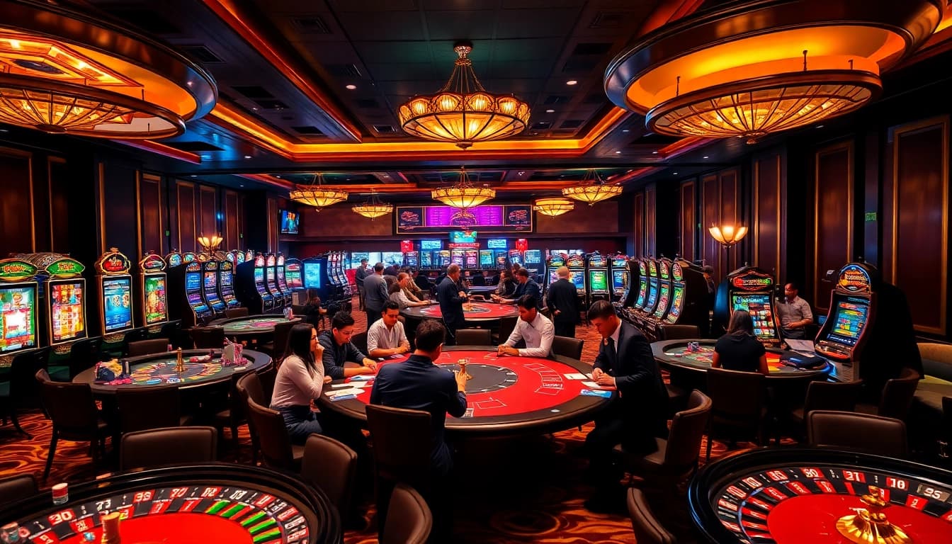 A thrilling gaming experience at 789bet showcasing poker tables, roulette wheels, and vibrant players.