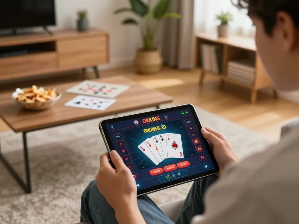 Engaging in online gaming with OKKING nhà cái on a tablet, showcasing an inviting home atmosphere.