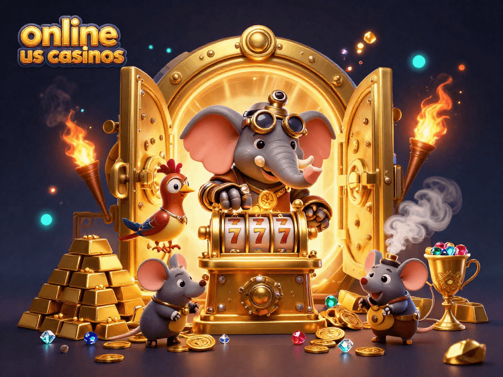 Experience online us casinos with vibrant steampunk characters and gold treasures!