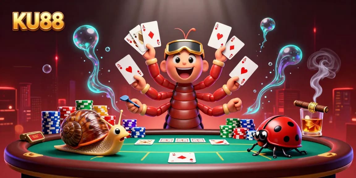 Place bets at KU88 Casino with an exciting scene of cartoon characters and poker elements.