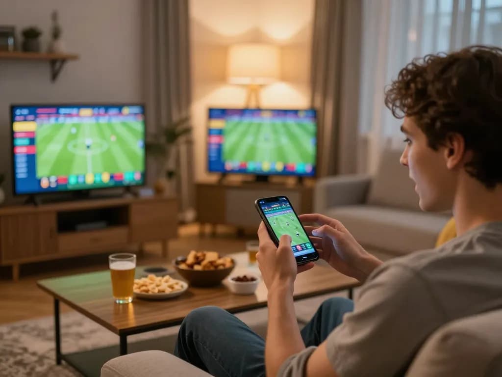 Engaging in live sports betting on smartphone while enjoying comfortable home setup with 7M.