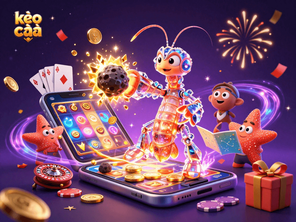 Engage with kèo nhà cái in this vibrant scene of a galactic samurai mantis shrimp battling gems and coins.