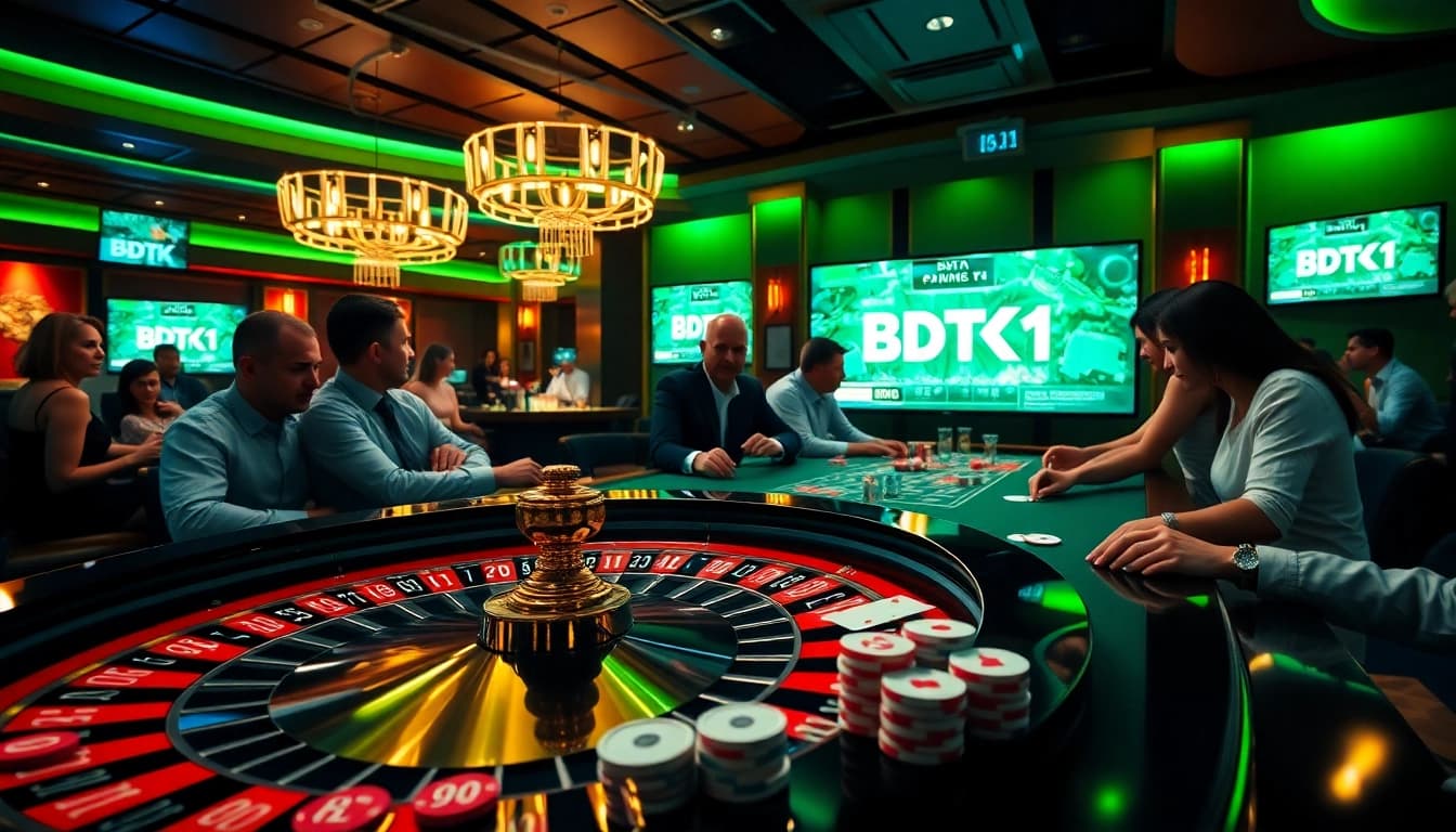 Engage with BDTK1 betting strategies in a luxurious casino setting featuring roulette and poker.