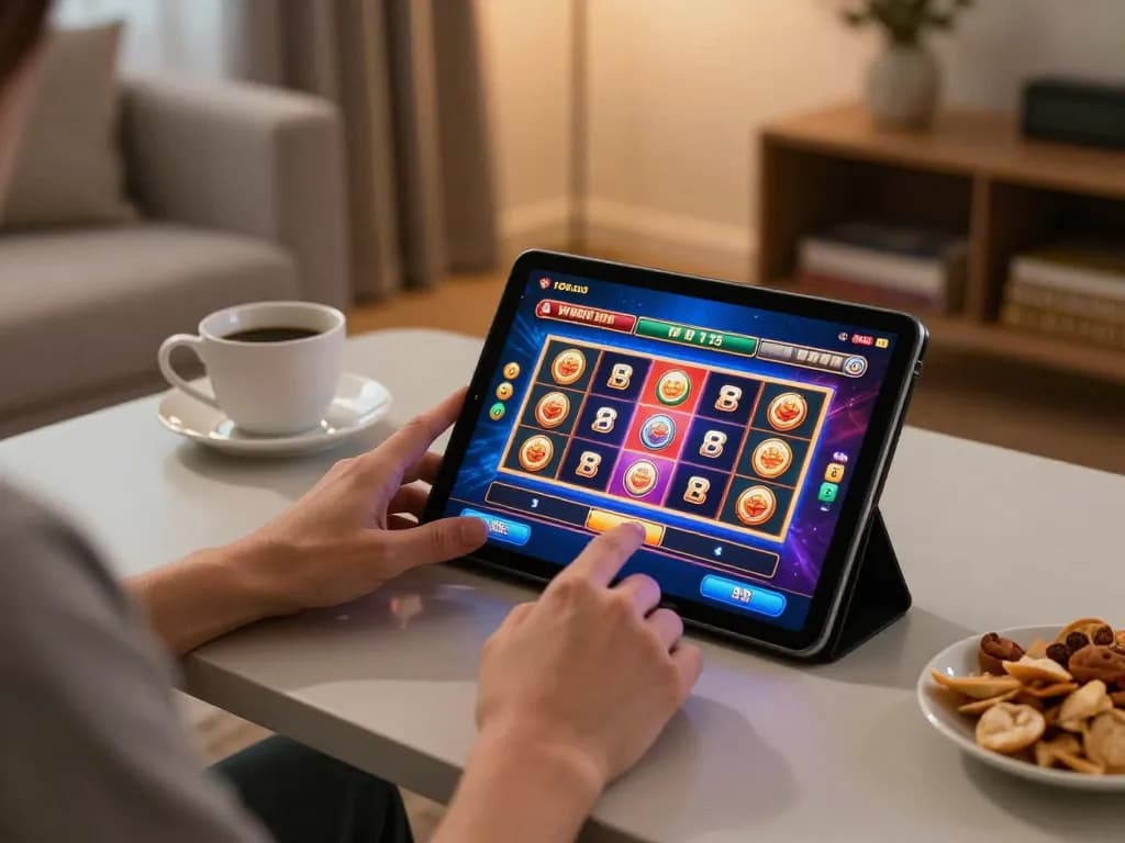 Player engaging in online slots and casino games on a tablet, showcasing nk881 as a preferred gaming platform