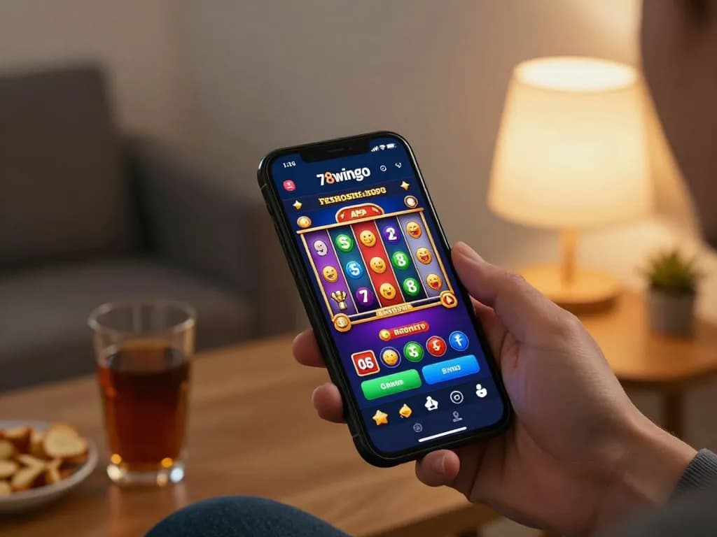 Player engaging with the 78wingo app on smartphone at home, highlighting dynamic slot game excitement.