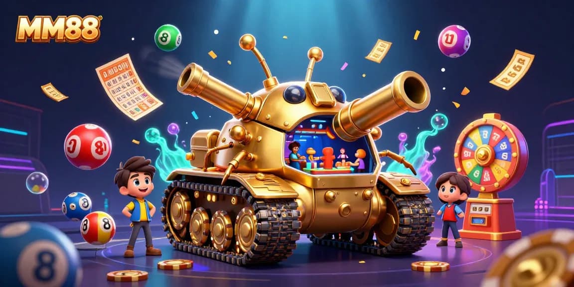 Engage in thrilling gameplay with MM88’s dynamic casino scene featuring golden beetle tank and lottery elements.