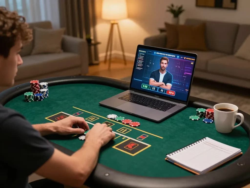 Play poker on 68wingame with a cozy home setup including laptop and strategy notes.