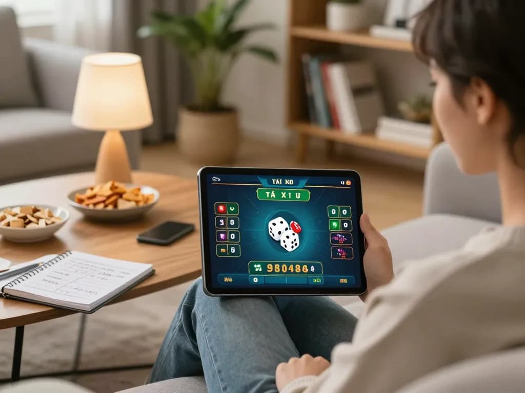 Engaging in tài xỉu online gaming, a player using a tablet at home with strategy notes visible.