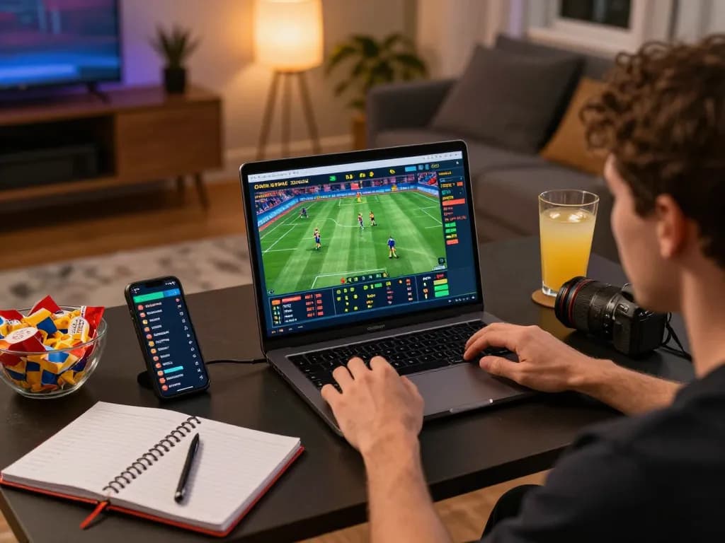 Player enjoying sports betting on vsbet with laptop and smartphone in a cozy setup