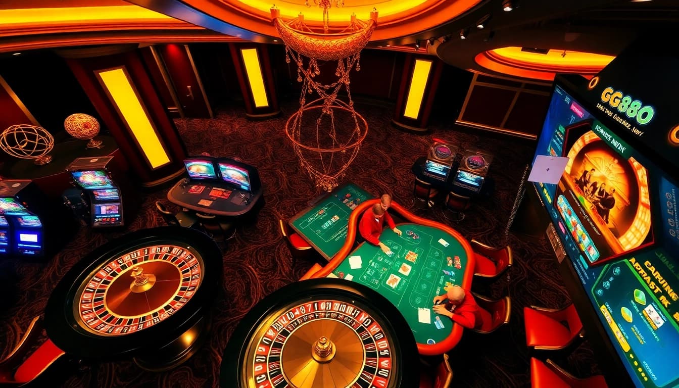 Betting action at a vibrant casino scene featuring elements of https://gg888.info/ including poker, roulette, and slot machines.