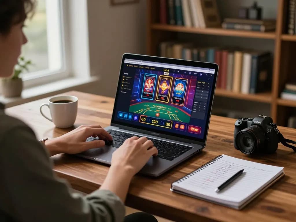 Engaging in online casino games with nhà cái dola789 on laptop amid cozy ambiance