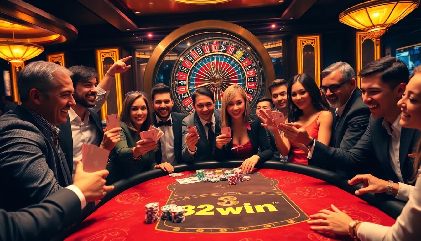Players enjoy the thrill of high-stakes poker at a glamorous casino table showcasing 32 win elements.