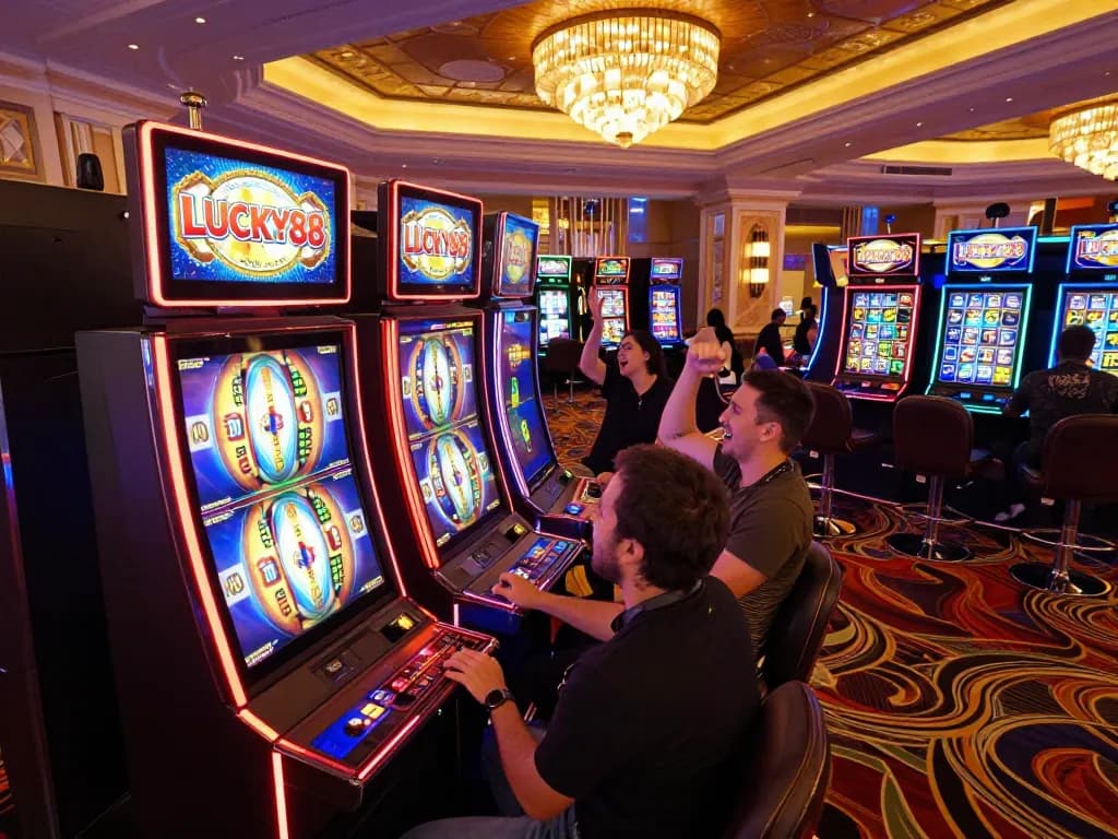 LUCKY88 players celebrate their wins while engaging with vibrant slot machines on the casino floor.