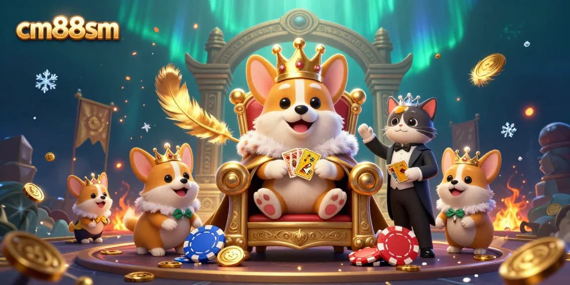 Experience excitement at cm88sm with a royal corgi on a throne amidst vibrant casino elements.