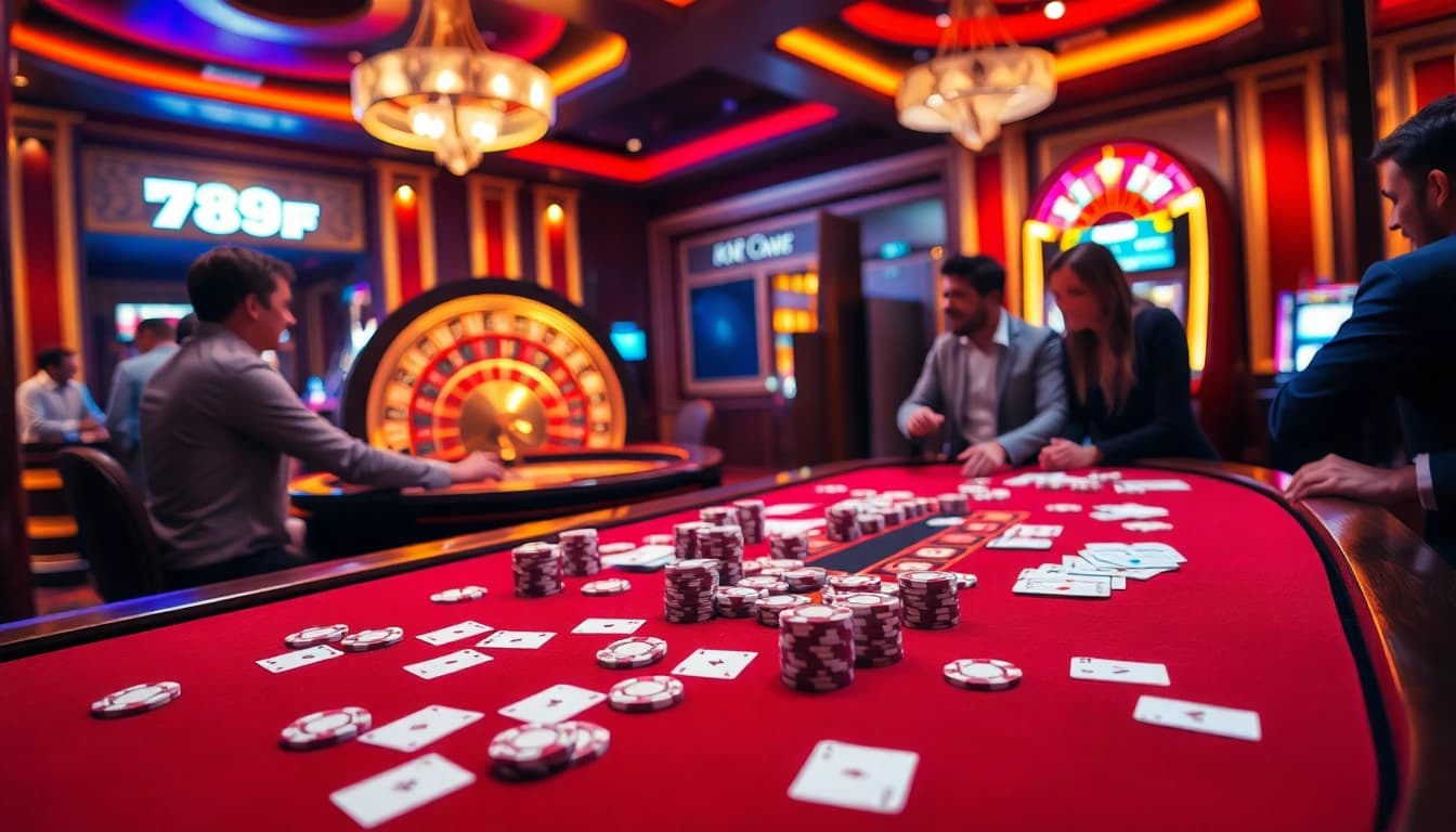 Engaging players at 789F casino table with poker chips and vibrant roulette wheel.