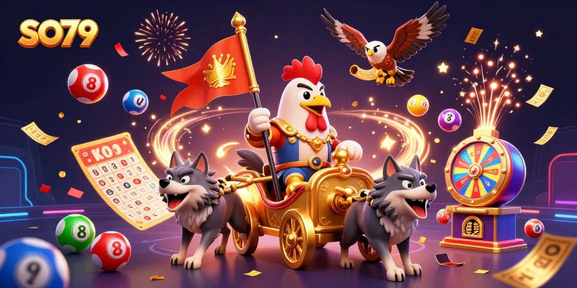 Experience thrilling SO79 gaming with a 3D rooster warlord, vibrant lottery elements, and festive atmosphere.