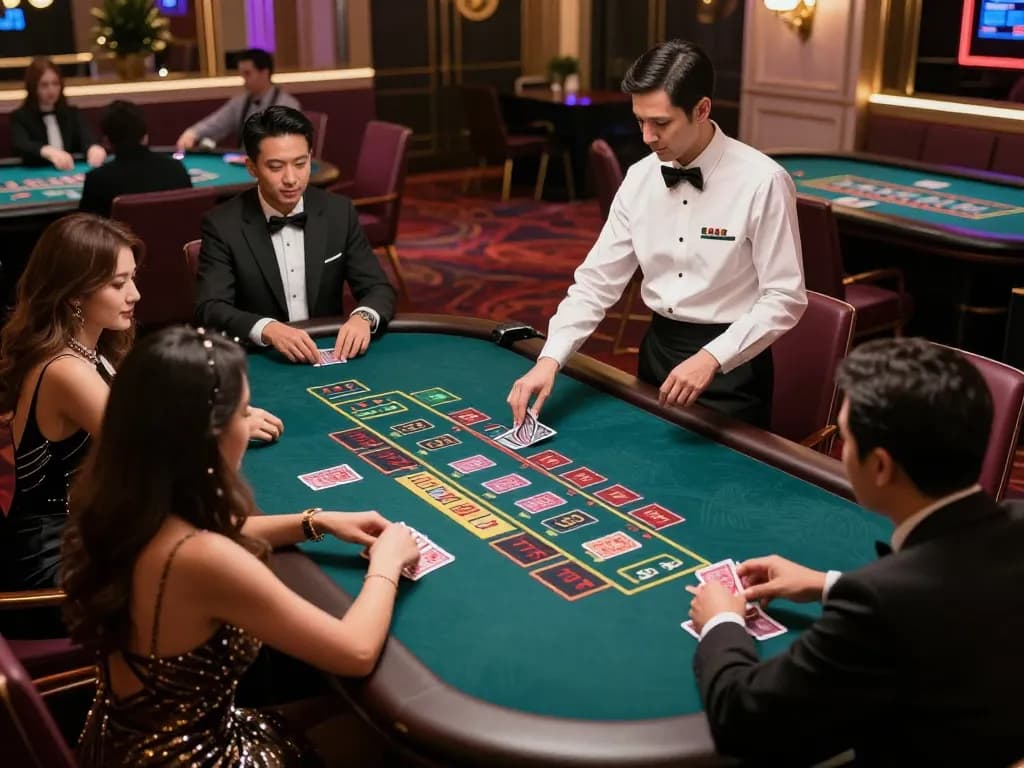TR88 live casino Baccarat gameplay with professional dealer engaging players in a luxurious setting.