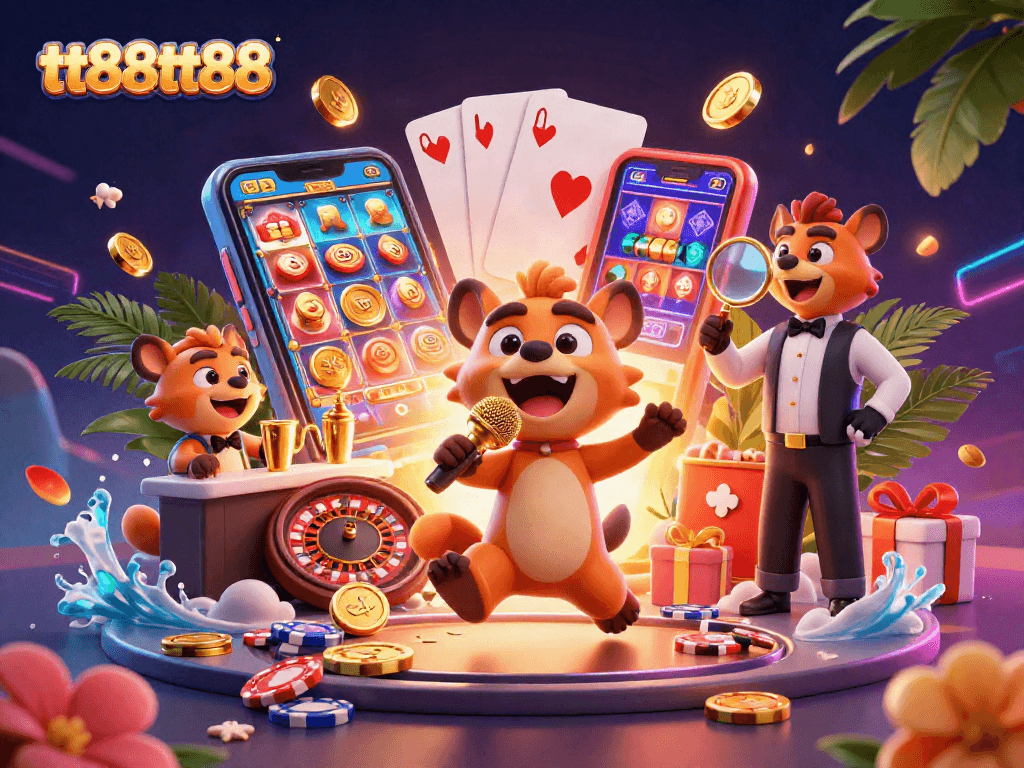 Experience tt88tt88 in a vibrant comedy casino scene with animated hyenas and dynamic gaming elements.