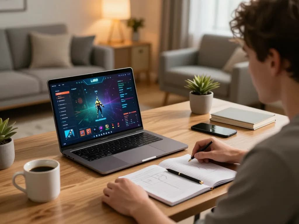 Playing at LV88 online casino on a sleek laptop in a cozy home office.