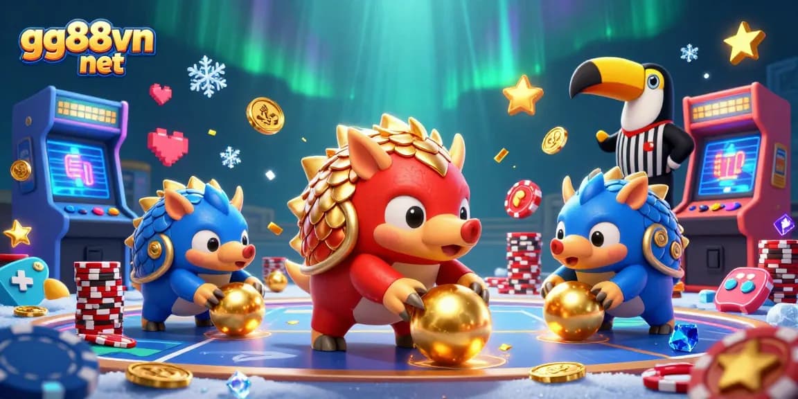 Experience the exciting world of gg88vn net with vibrant pangolins amidst a dynamic casino arcade scene.