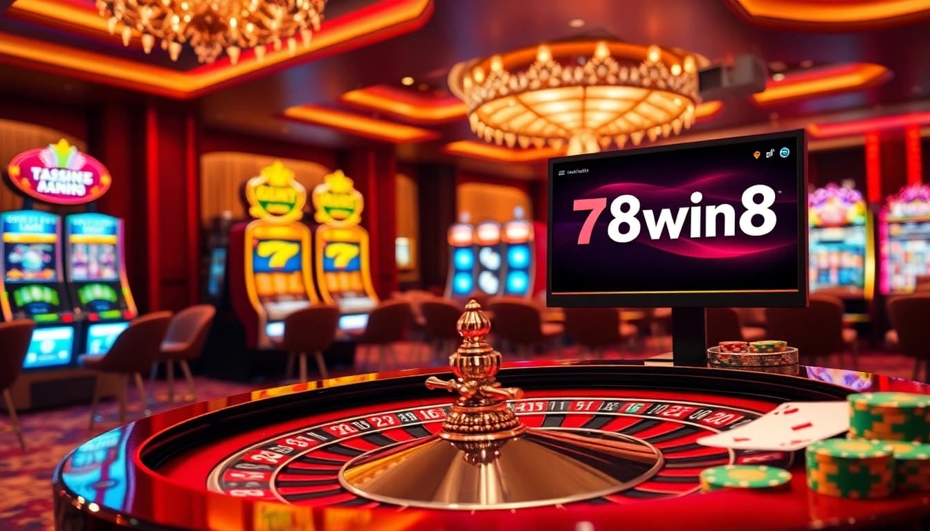 78win8 features an elegant casino scene with vibrant roulette tables and dazzling slot machines.