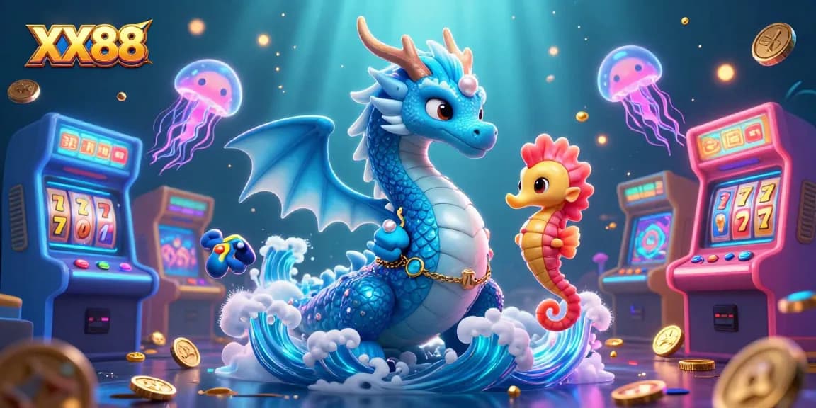 Play slots at XX88 with an azure water dragon, seahorse knight, and glowing jellyfish in a vibrant underwater scene.