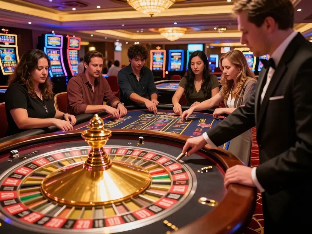 Players enjoying RED88 roulette at a luxurious casino table, showcasing high-stakes excitement and betting action