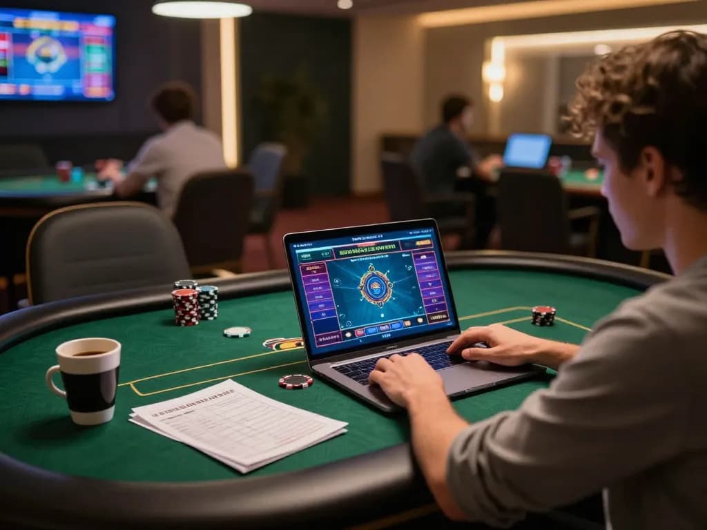 Player enjoying online poker at trang chủ 79king with laptop displaying game interface.