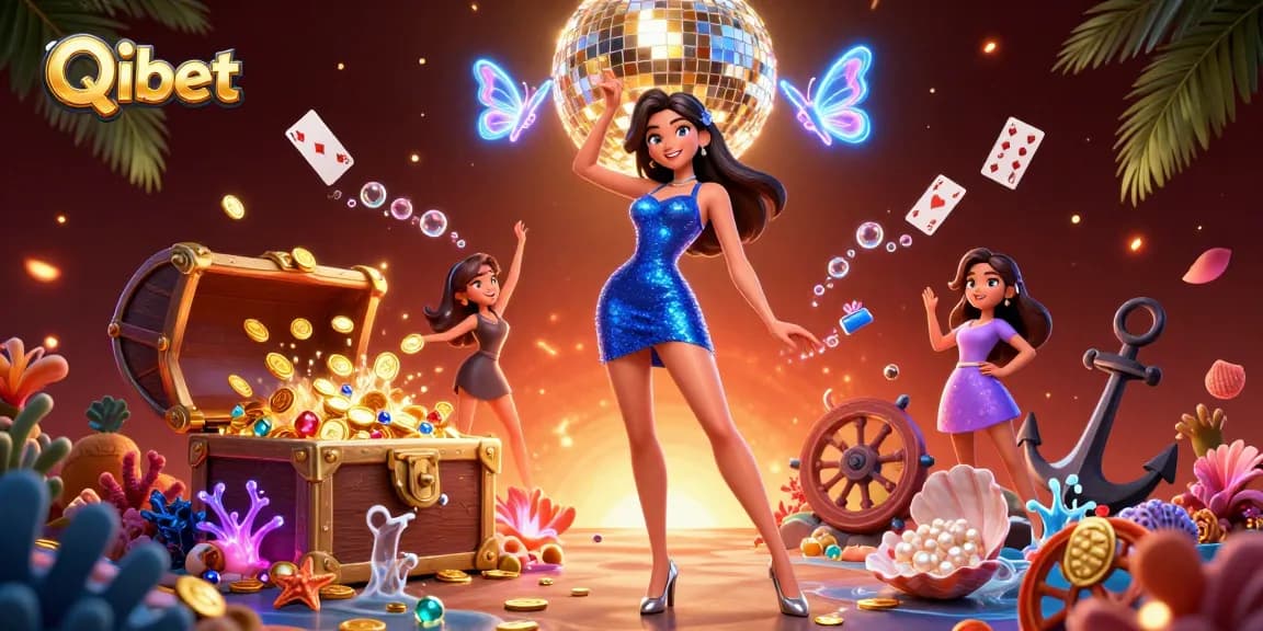 Engage with Qibet's dynamic casino scene featuring a glamorous dancer amidst vibrant game elements and treasures.