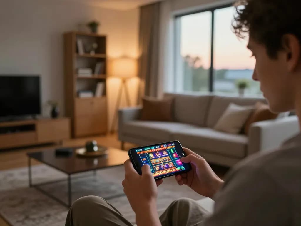 Player enjoying vs555 mobile casino app on smartphone in a cozy living room setting