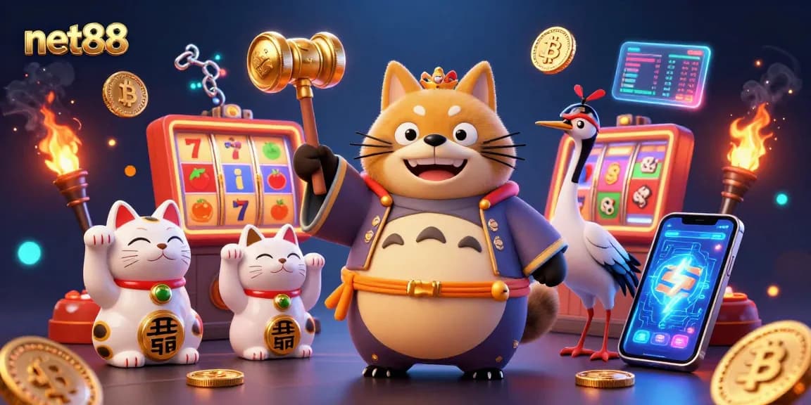 Experience excitement at net88 with our casino-themed digital illustration showcasing a cheerful tanuki, crypto coins, and slot machines.