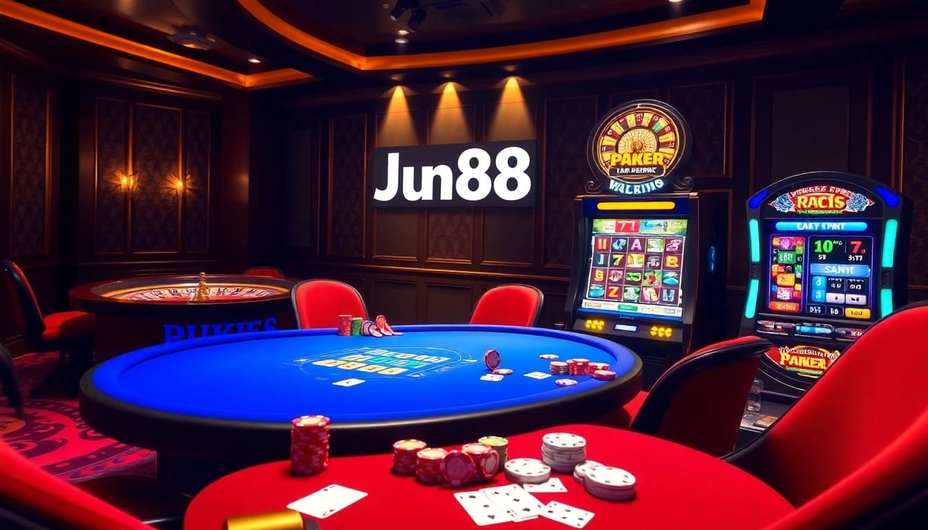 Engaged players at Jun88 poker table, showcasing vibrant casino atmosphere and excitement.