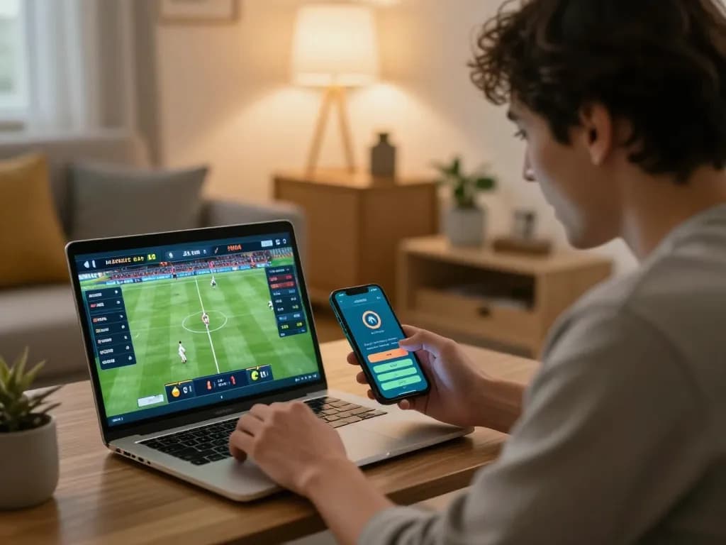 king88 sports betting action with a person placing bets on a laptop while watching a live football match