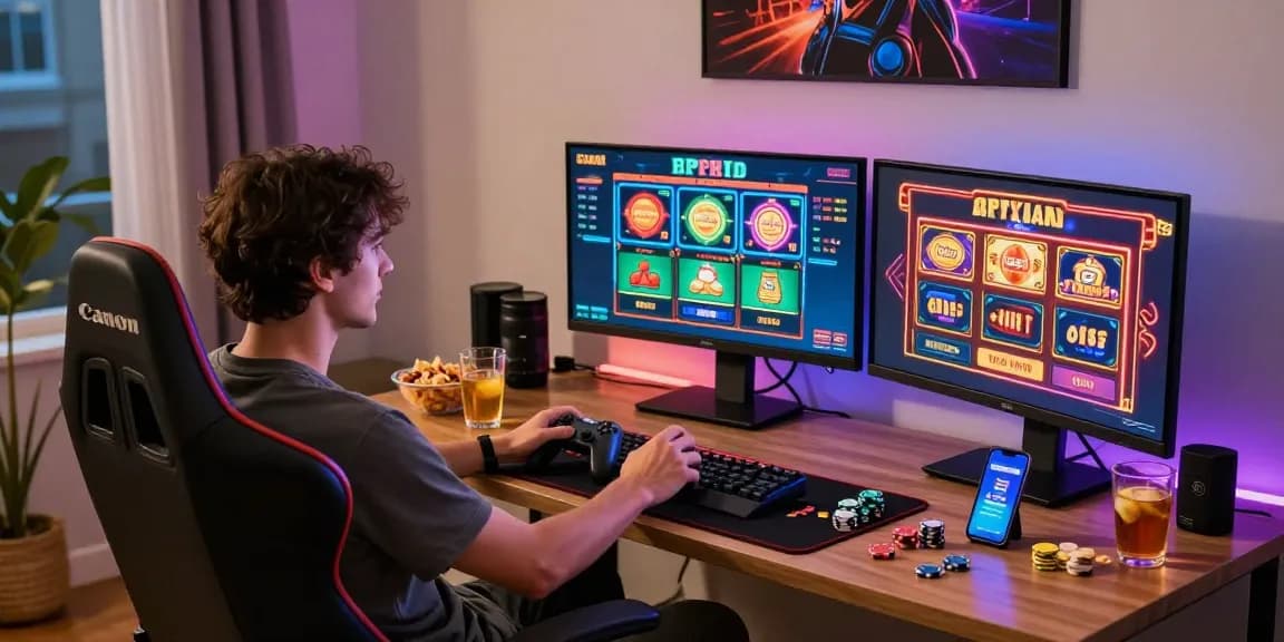 Player enjoying a credit card casino game experience at a stylish home setup with vibrant screens and snacks.