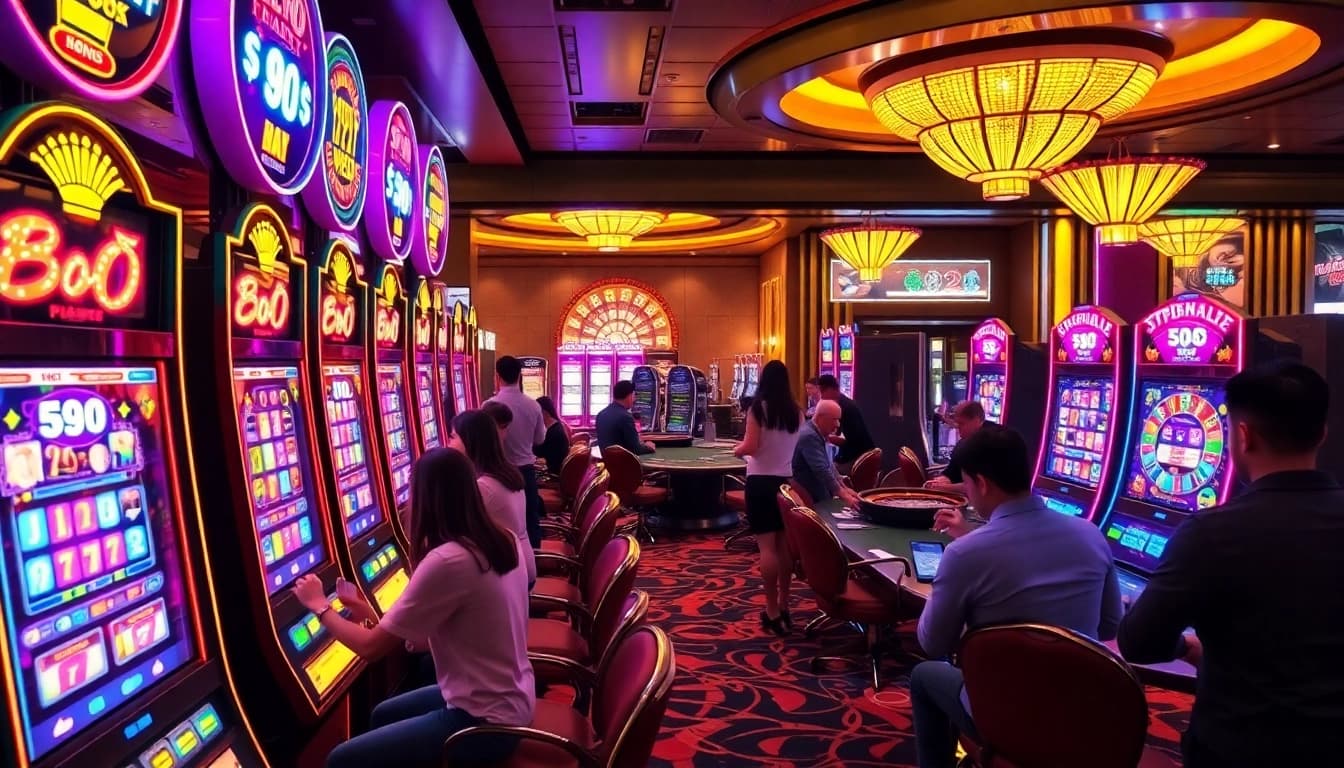 A lively casino scene focused on nổ hũ 90 slot machines, showcasing players winning big.