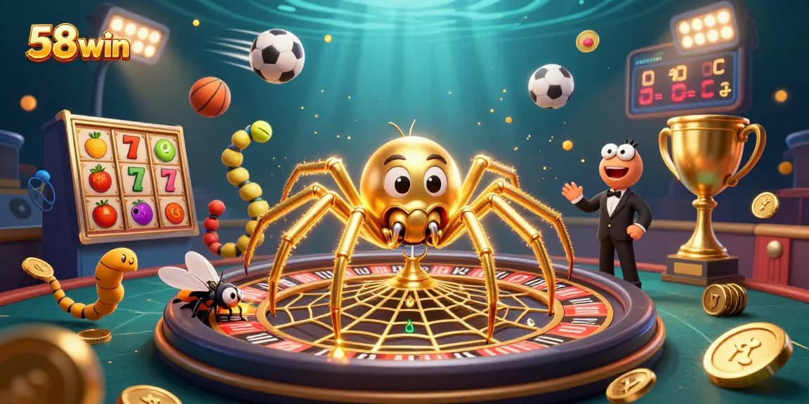 Engage with the 58win gaming scene, where a golden spider spins luck in a vibrant casino atmosphere.